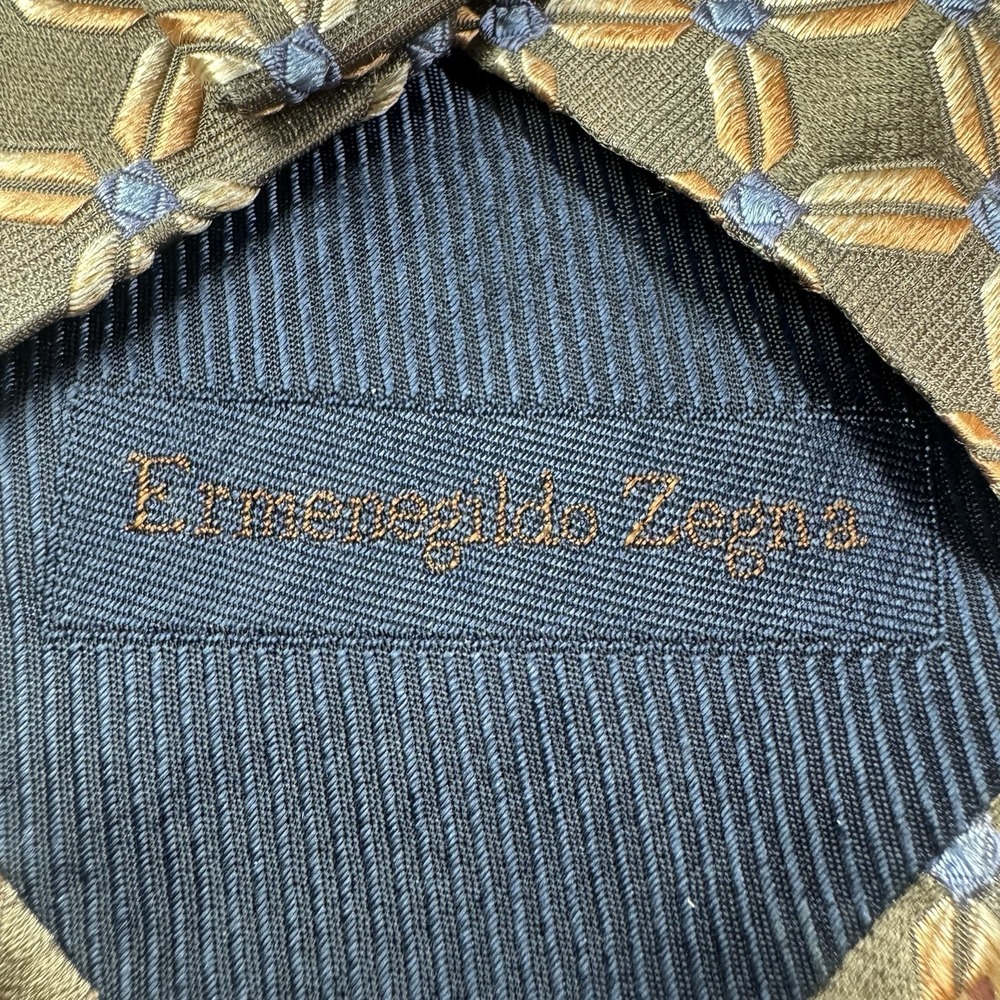 Ermenegildo Zegna Geometric 100% Silk Neck Tie Tan Blue 60 X 3.5 " - Picture 5 of 7